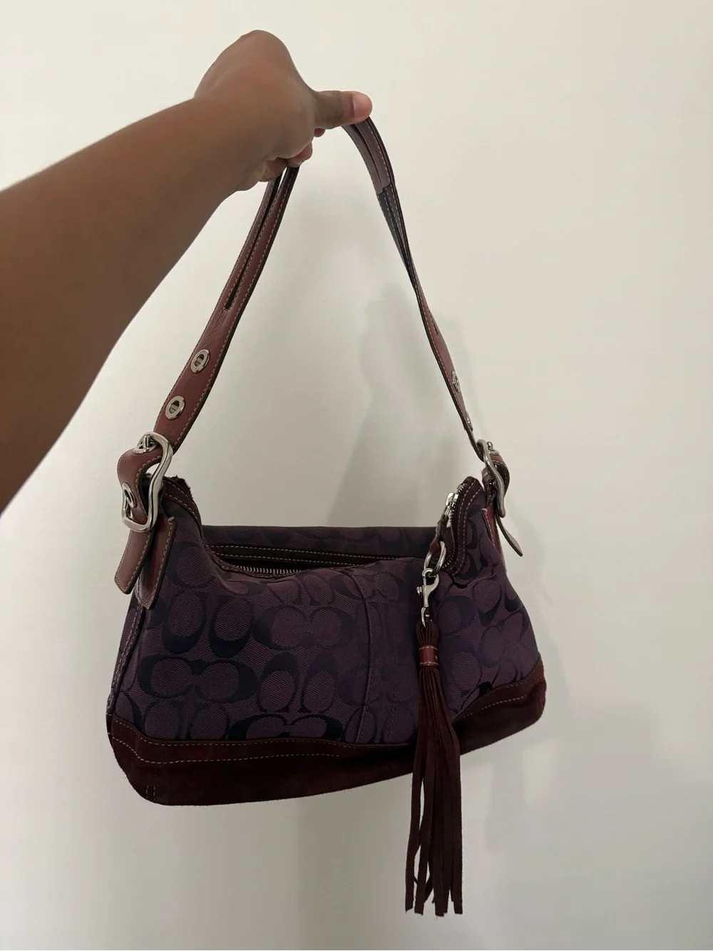 Coach Plum Signature Jacquard Shoulder Bag with Tassel
